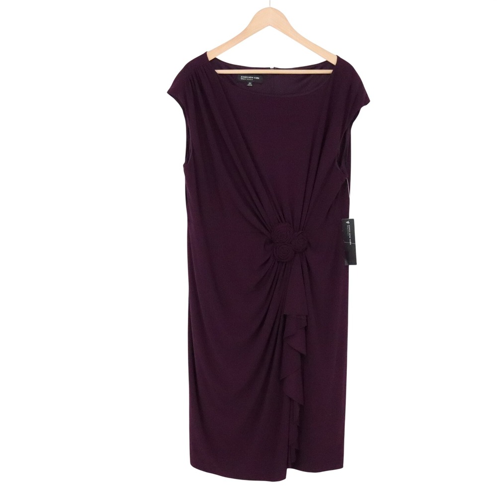Jones New York Dress Woman 16W Matte Jersey 2 Plum Wine Rosette Sheath NWT